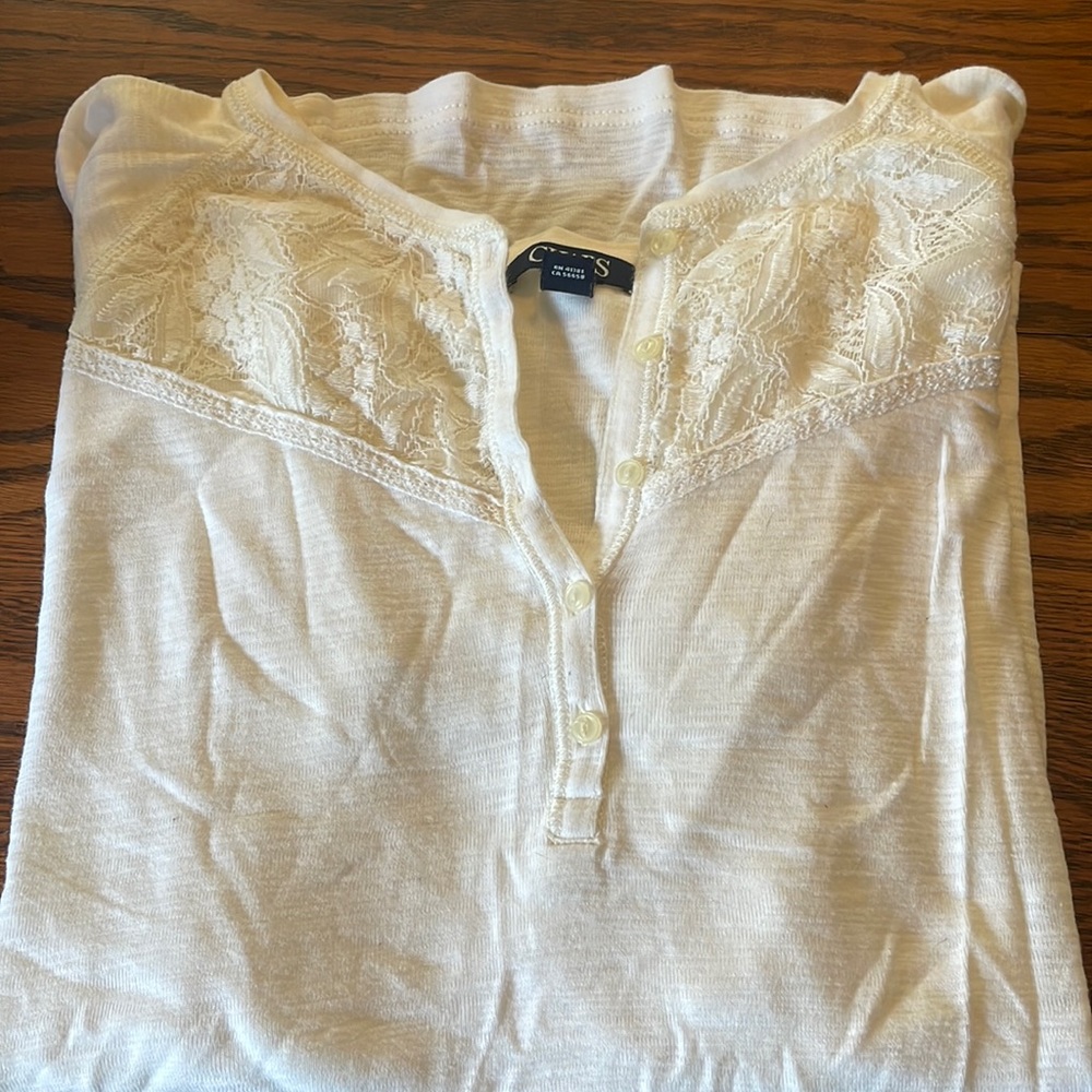 Chaps White Long Sleeve Shirt with Lace around the collar.
